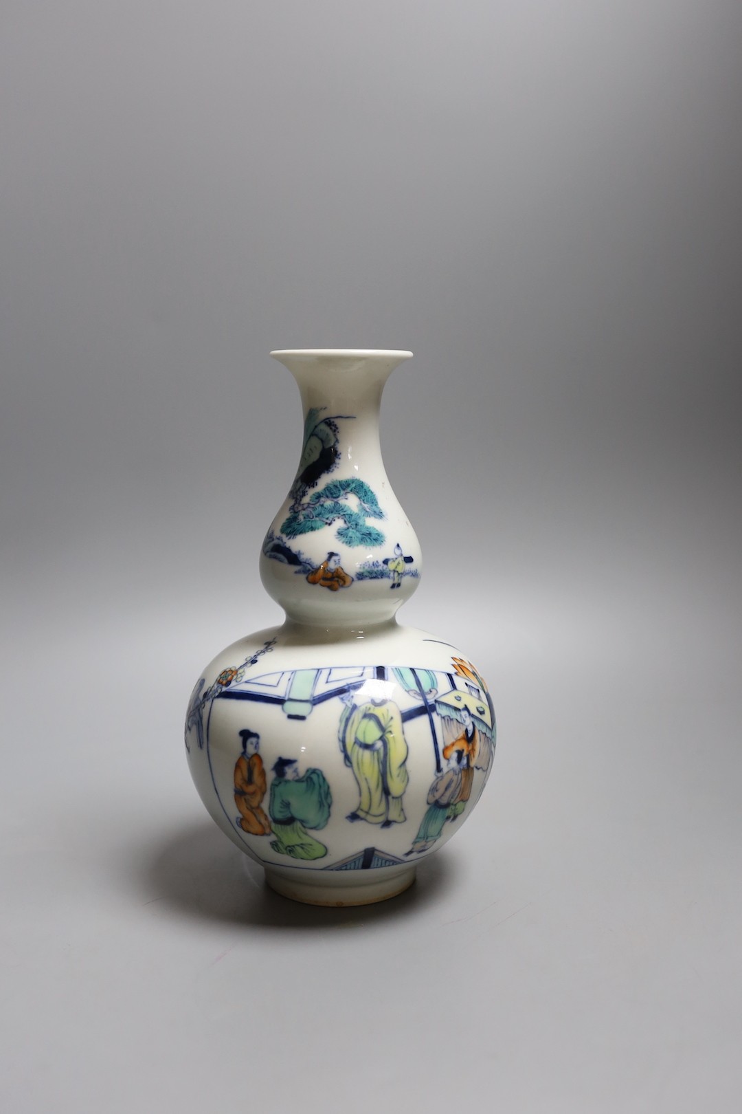 A Chinese doucai double gourd vase, Kangxi mark but later 21cm